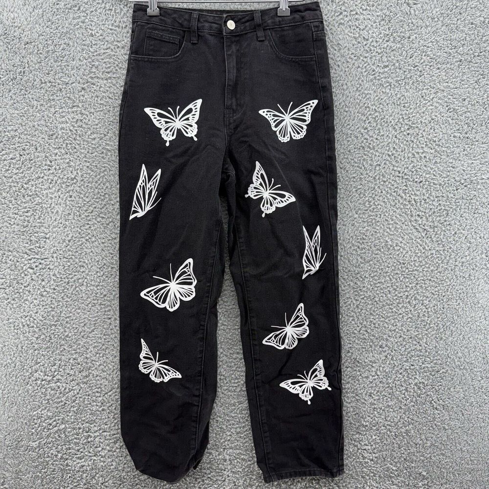 Shein Womens‎ Size Small Straight Leg White Butterflies Black Denim Jeans Boho